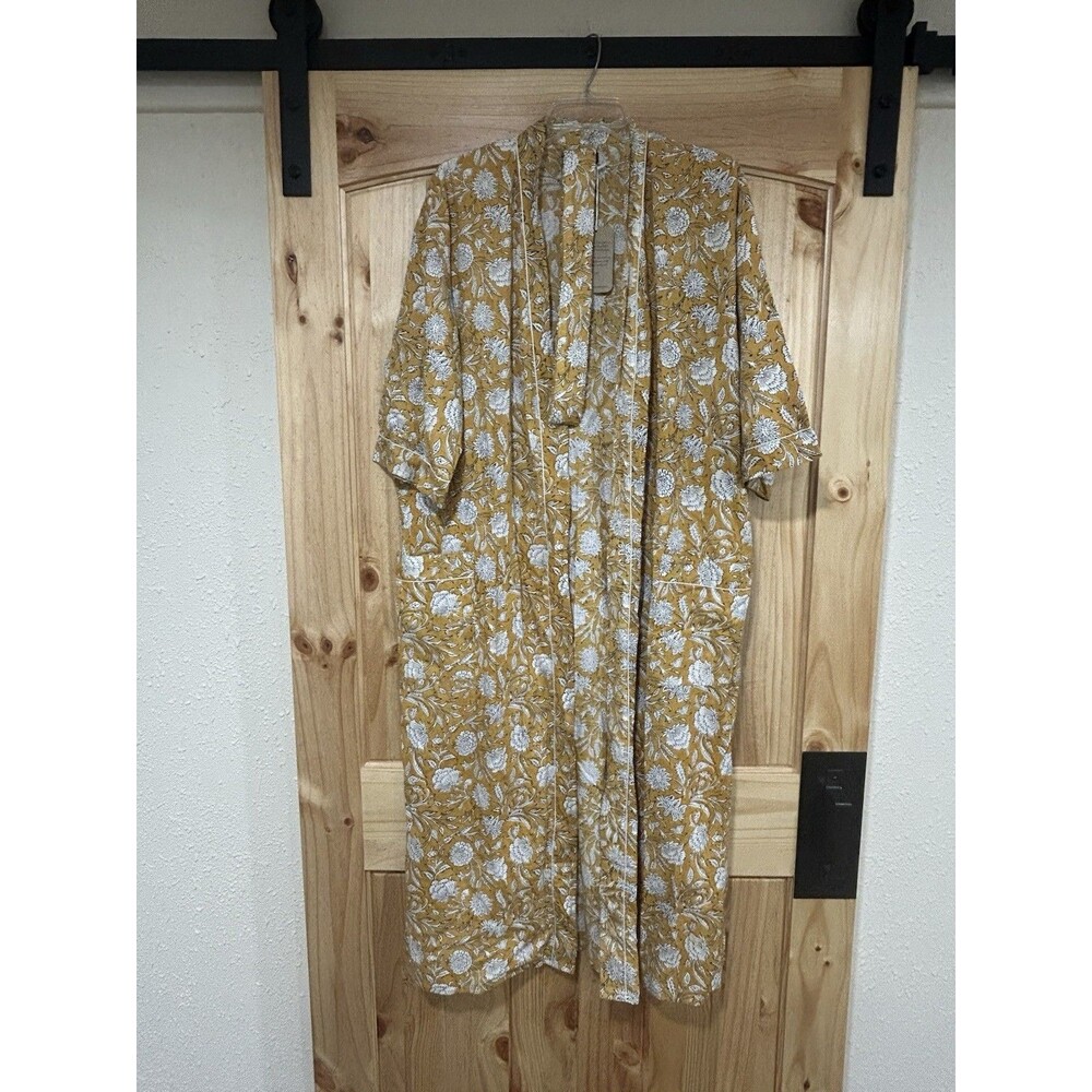 Cottons Kimono Robe Mustard Yellow Floral Print NWT Side Slit One Size Cotton